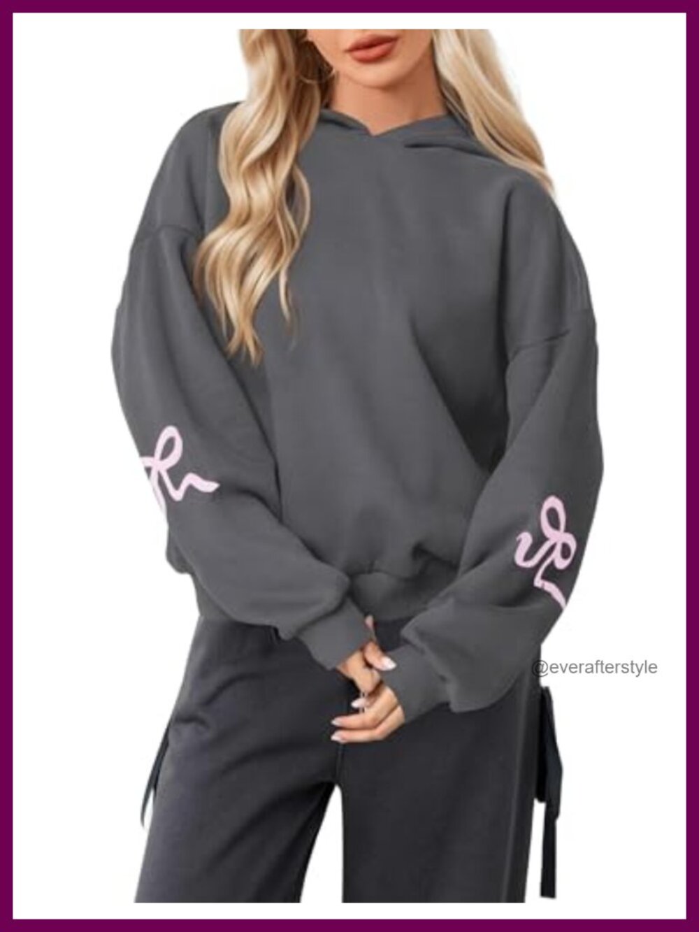 Oversized Fleece Lined Hoodie Bow Trim Print Drop Shoulder Pullover Top